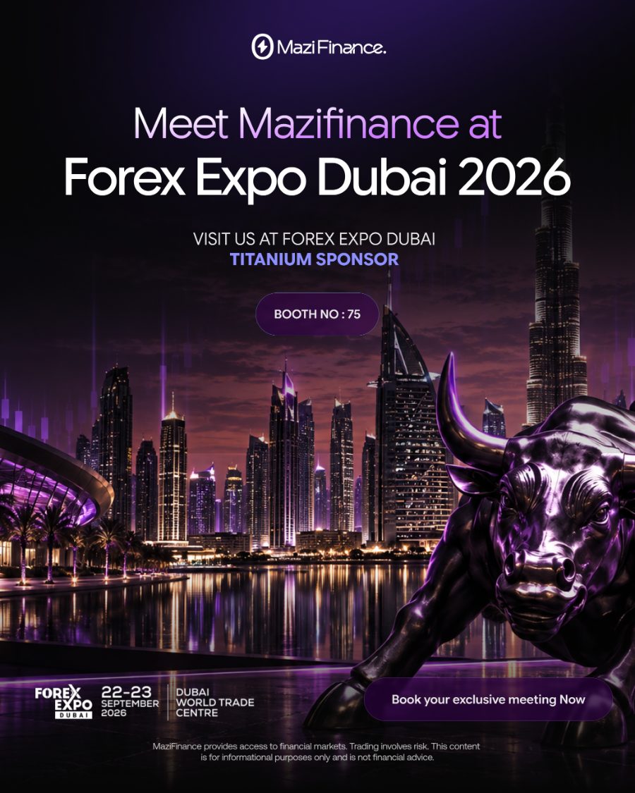MaziFinance Forex Expo Dubai feed post with bull sculpture