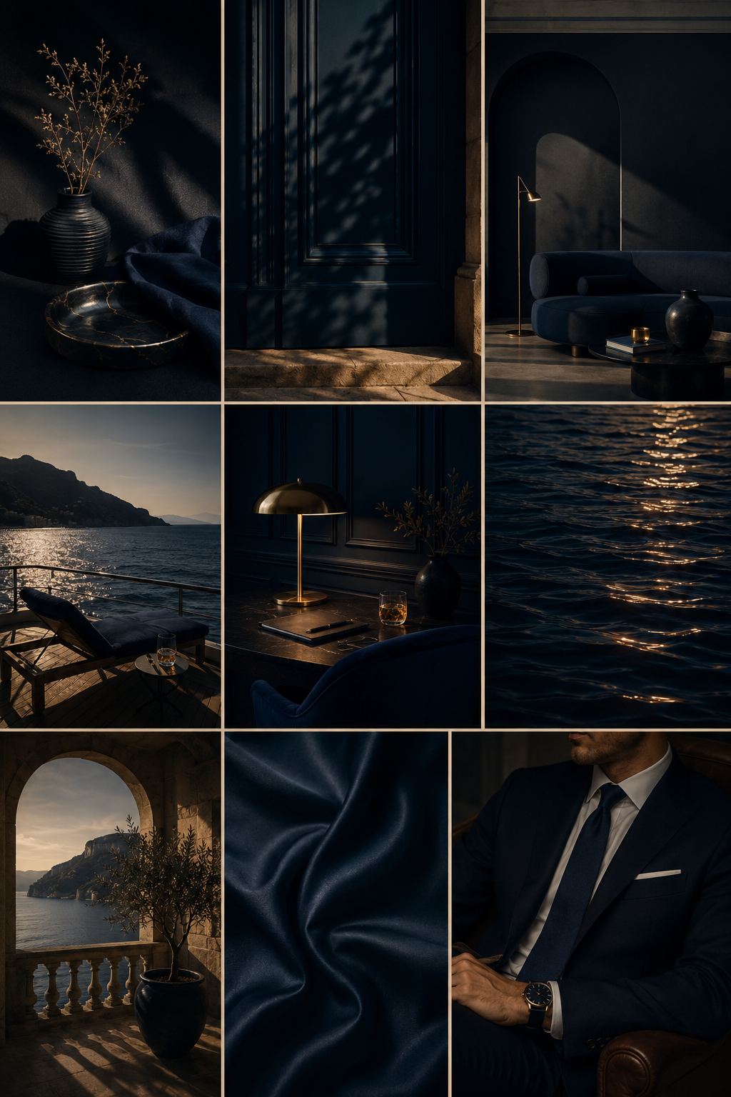 Otravel visual direction board — night blues, marble, tailoring